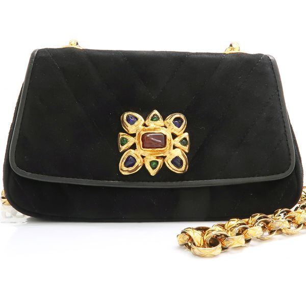 Chanel Chain Shoulder Gripoix 1993? Suede Black Chevron Chanel