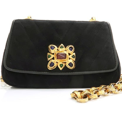 Chanel Chain Shoulder Gripoix 1993? Suede Black Chevron Chanel