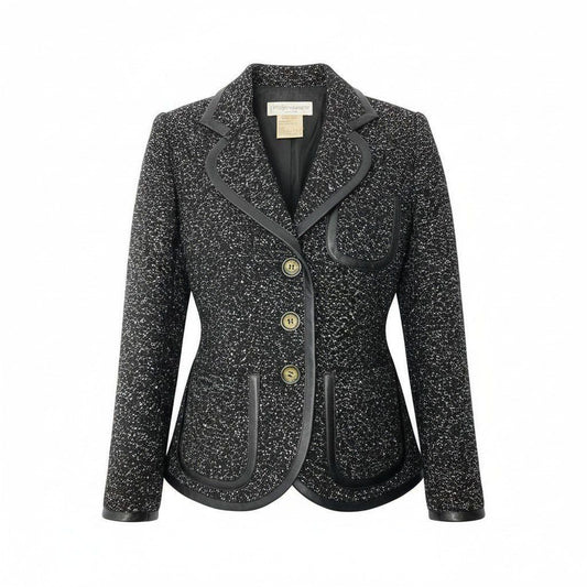 Saint Laurent Yves Tweed Jacket Tailored Lame Knit Leather Piping Blend France