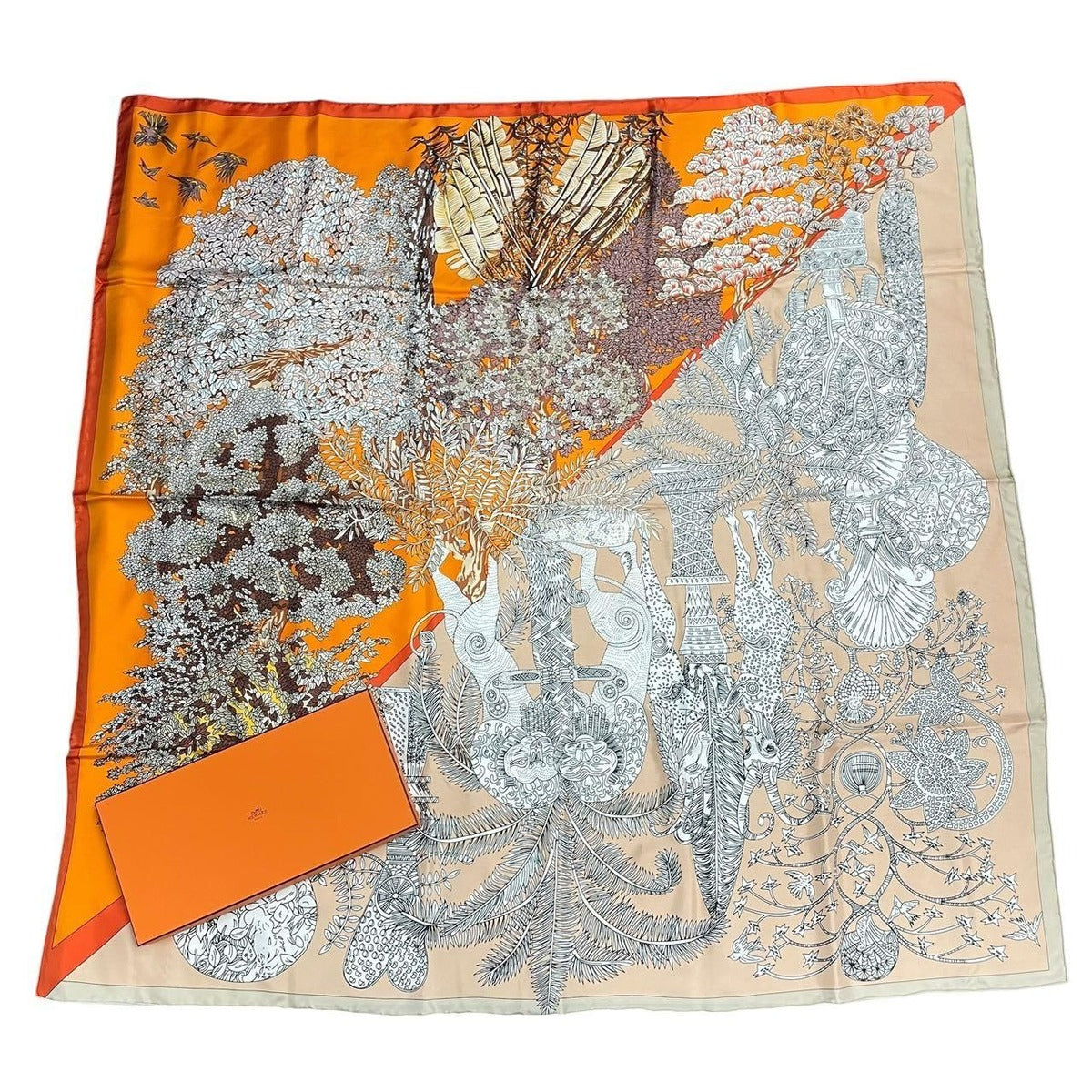 Hermes Scarf Silk Carre 140 les Legendes de L'arbre Tree Legend Orange Box