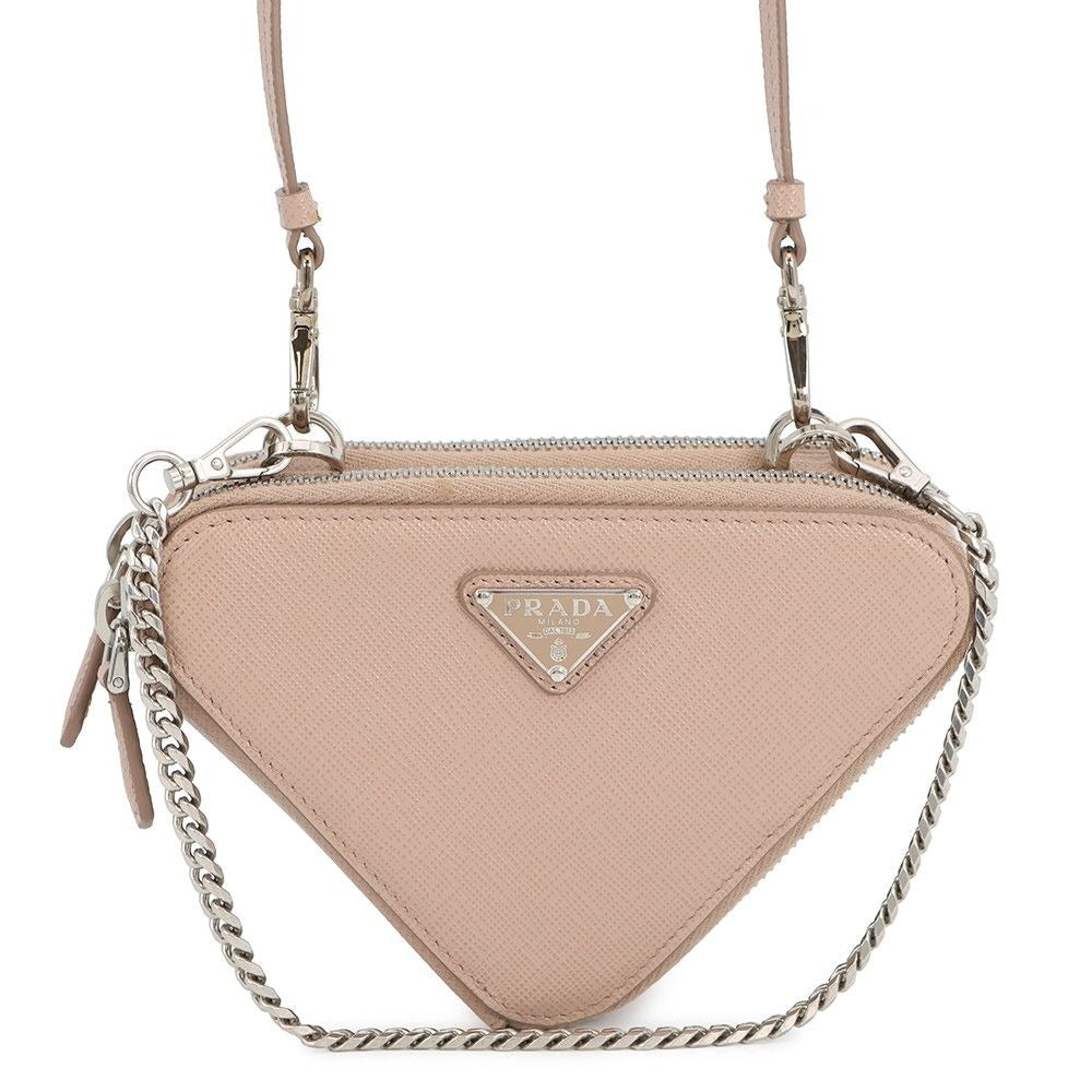 Prada Shoulder Bag Saffiano Triangle Mini Pouch Leather 2-Way Pink Beige