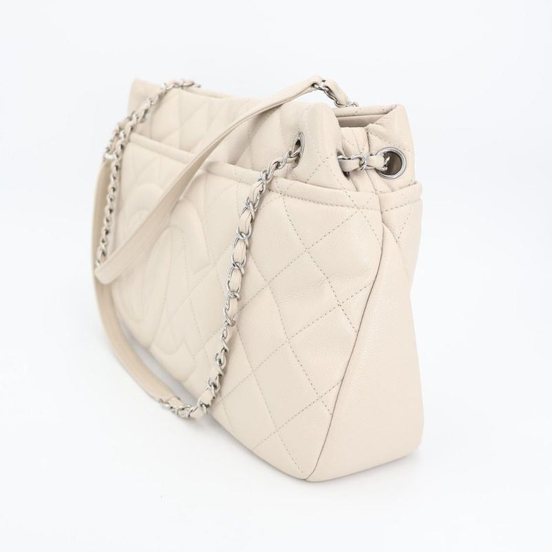 Chanel Chain Tote Bag Matelasse Coco Mark Gray-beige Soft Caviar Skin