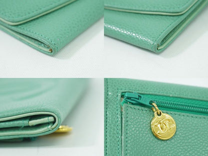 Authentic Chanel Coco Mark Fold Wallet Compact Wallet Caviar Skin Leather Light