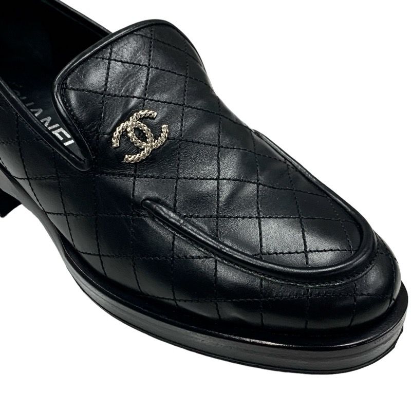 Chanel Loafer Leather Shoes Leather Black Silver Matelasse Here Mark