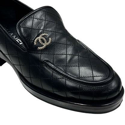 Chanel Loafer Leather Shoes Leather Black Silver Matelasse Here Mark