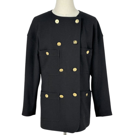 Chanel Collarless Jacket CC Logo Barley Button Wool Black