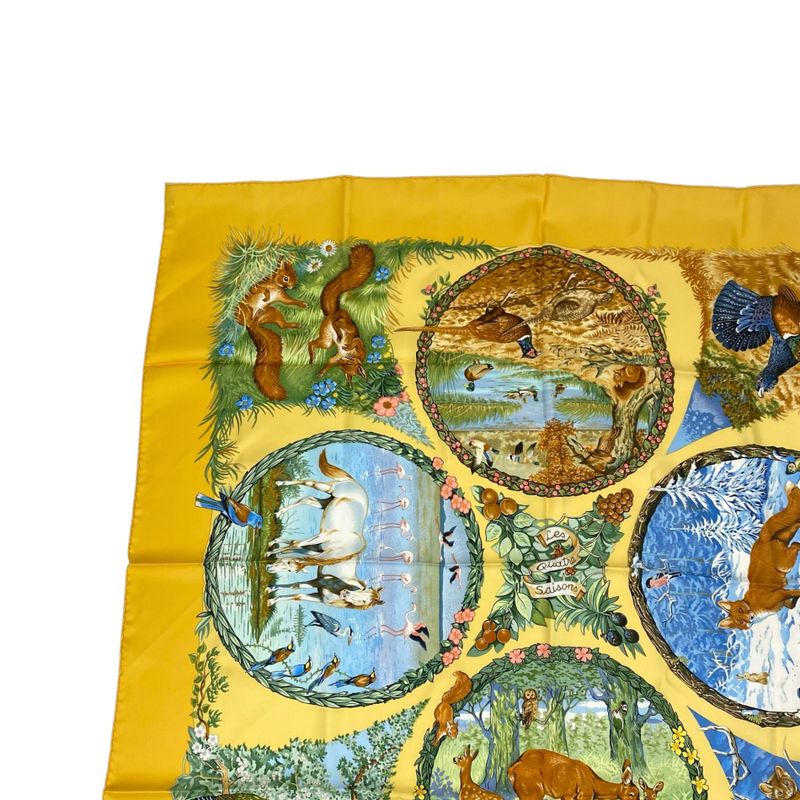 Hermes Carre 90 LES Quatre Saisons Four Seasons Brown Animal Floral Scarf Silk