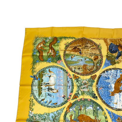 Hermes Carre 90 LES Quatre Saisons Four Seasons Brown Animal Floral Scarf Silk