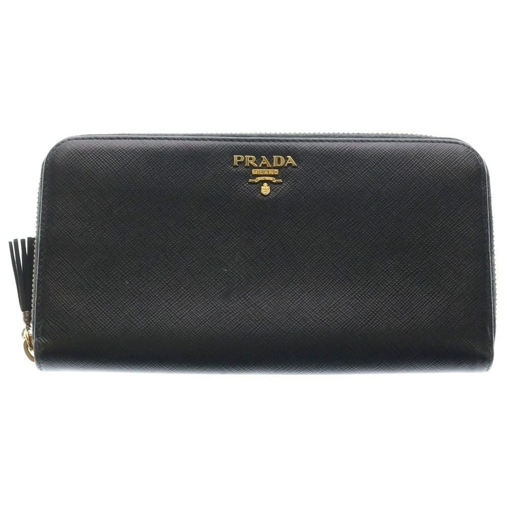 Prada Saffiano Zip Around Wallet Black Leather Gold
