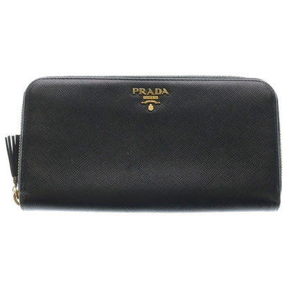 Prada Saffiano Zip Around Wallet Black Leather Gold
