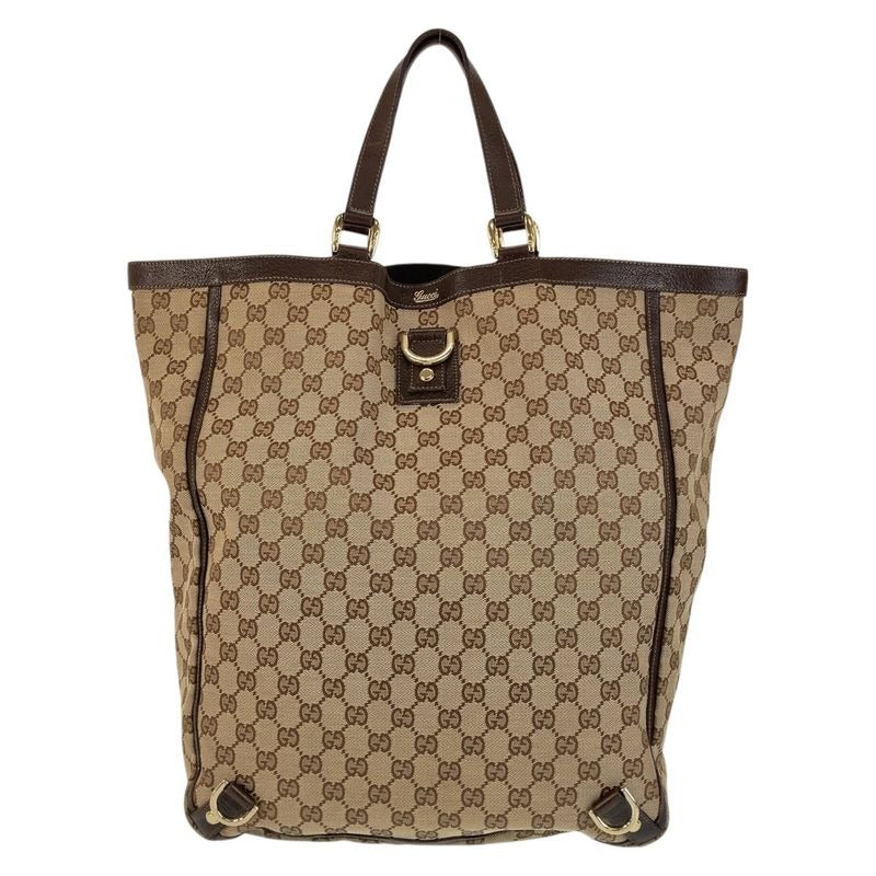 Gucci Abbey Brown Gold Hardware GG Canvas Leather Tote Bag Shoulder Bag