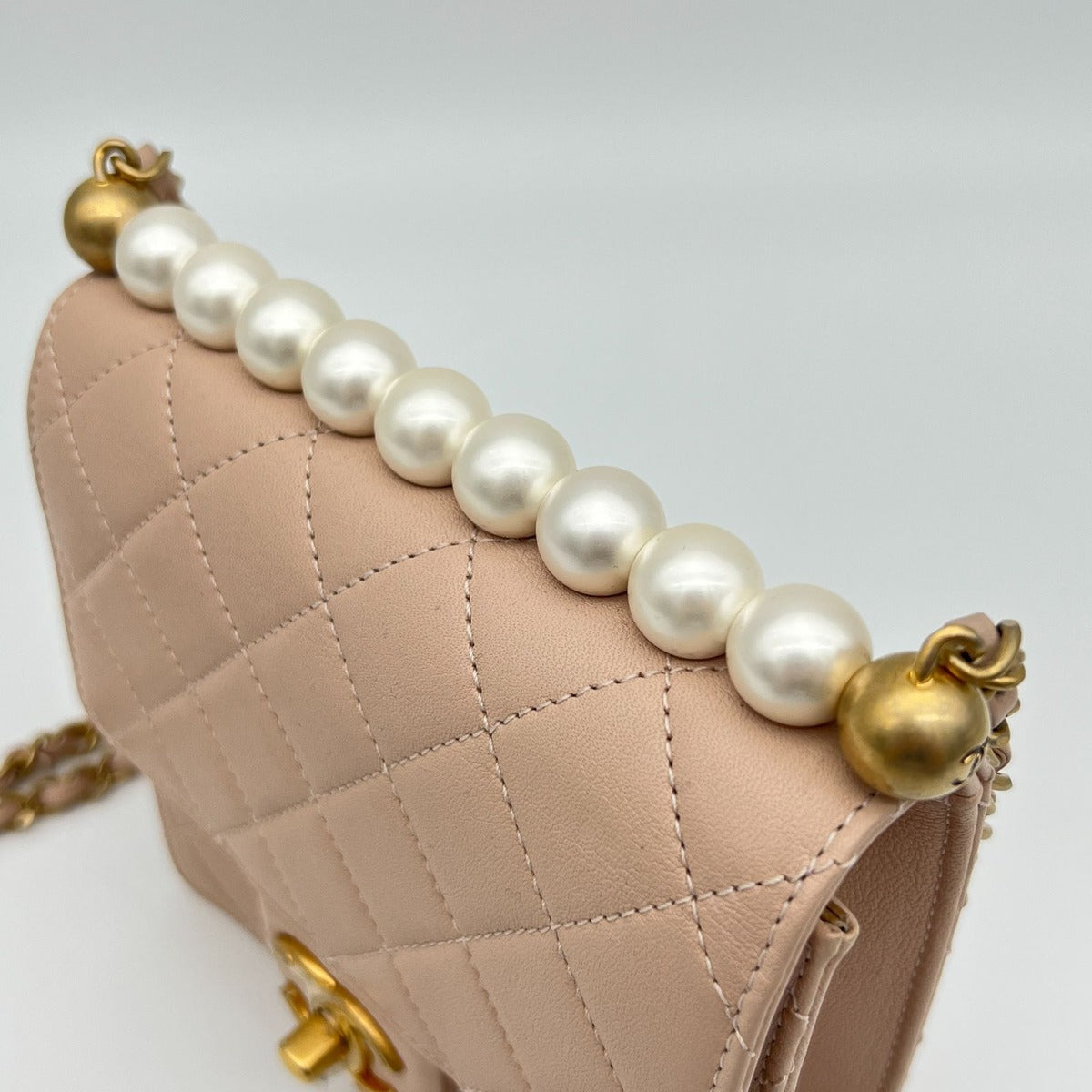 Chanel Quilted Chain Shoulder Faux Pearl Baby Pink Gold Lambskin Bag — view 12