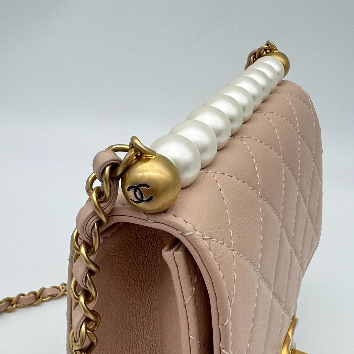 Chanel Quilted Chain Shoulder Faux Pearl Baby Pink Gold Lambskin Bag — view 13