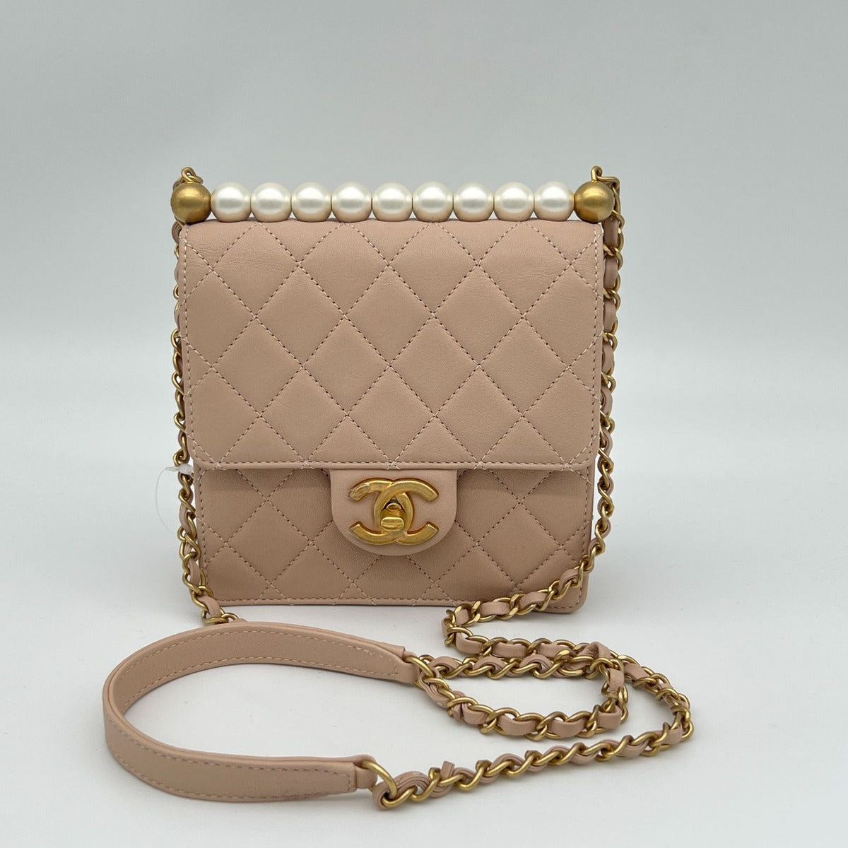 Chanel Quilted Chain Shoulder Faux Pearl Baby Pink Gold Lambskin Bag — view 2