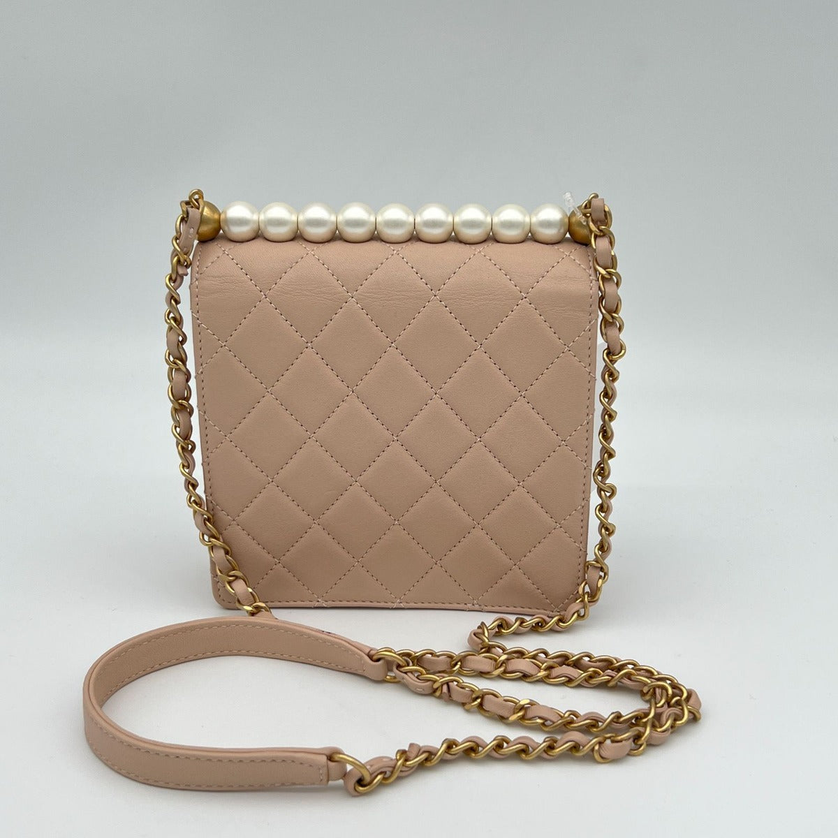 Chanel Quilted Chain Shoulder Faux Pearl Baby Pink Gold Lambskin Bag — view 3
