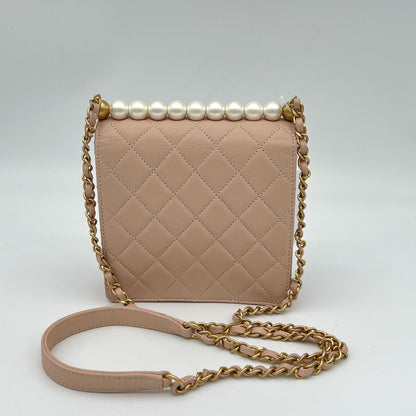 Chanel Quilted Chain Shoulder Faux Pearl Baby Pink Gold Lambskin Bag — view 3