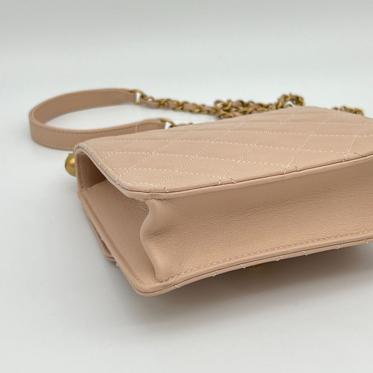 Chanel Quilted Chain Shoulder Faux Pearl Baby Pink Gold Lambskin Bag — view 10