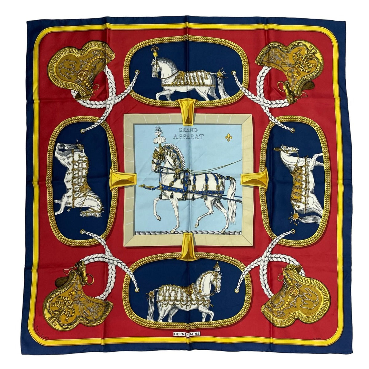 Hermes Scarf Silk Carre 90 Grand Apparat Dressed Horse Red
