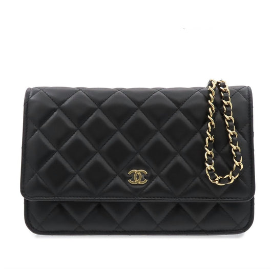 Chanel Chain Wallet Quilted Shoulder Bag Black Gold Lambskin