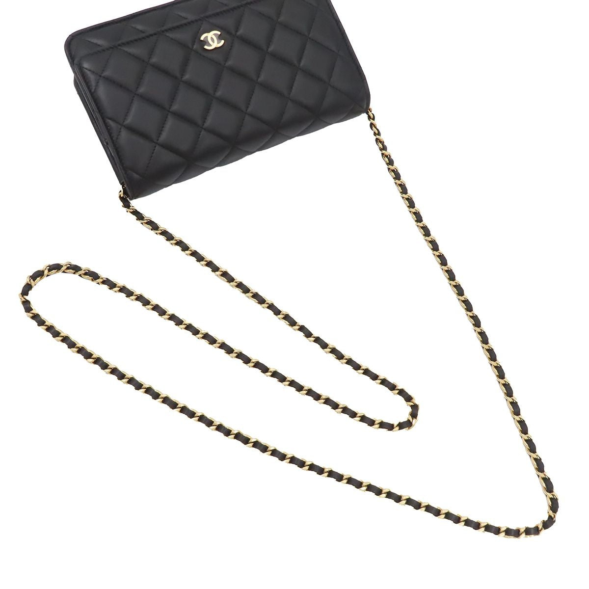 Chanel Chain Wallet Quilted Shoulder Bag Black Gold Lambskin — view 4