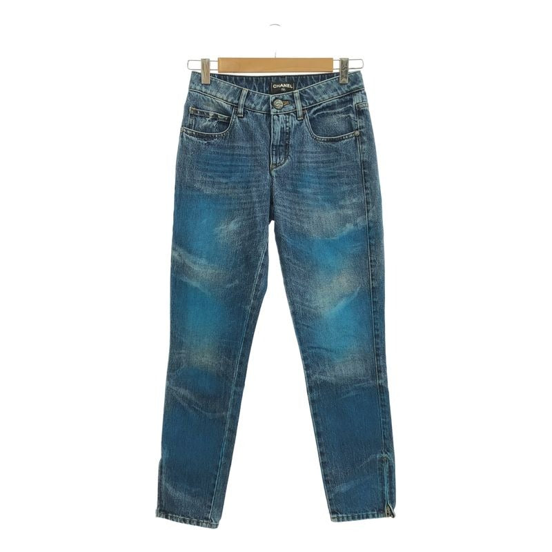 Chanel Paint Finish Coco Mark Hem Zip Denim Pants 34 Indigo
