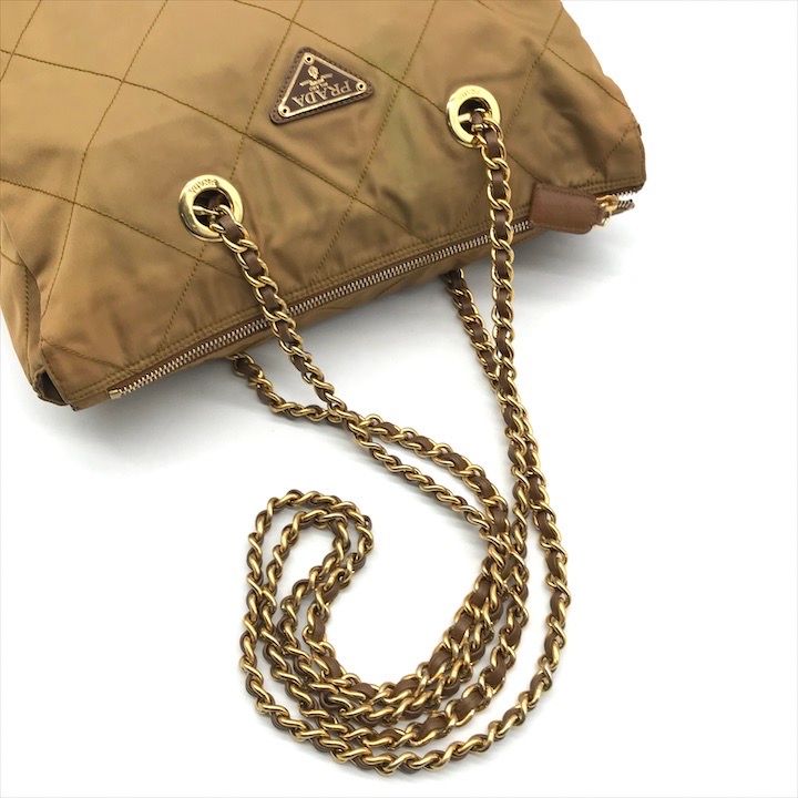 Prada Triangle Logo Nylon Tessuto Chain Tote Camel
