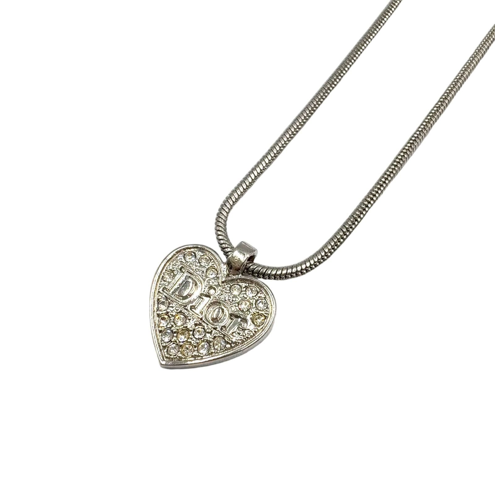 Dior Line Stone Logo Heart Metal Color Clear Silver Necklace