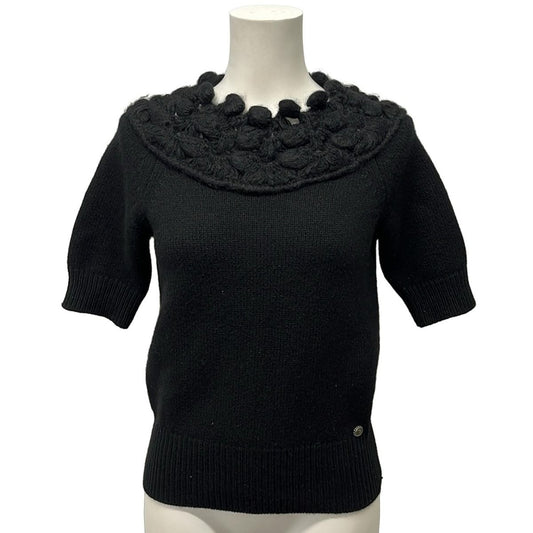Chanel Short Sleeve Sweater 42 L Black Cashmere