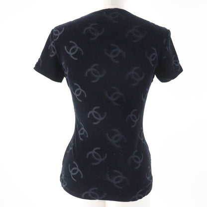 CHANEL Vintage 96P Cotton Coco Mark Design Velour Short Sleeve Top Black 40