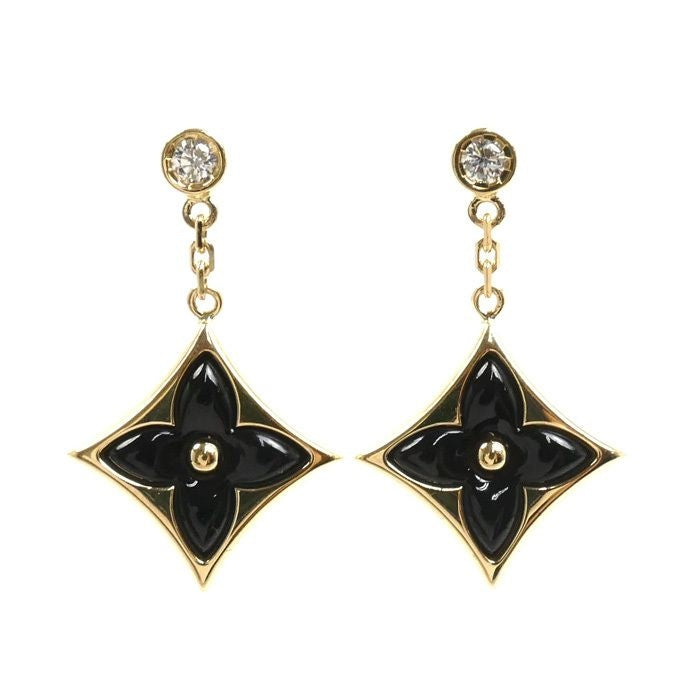Louis Vuitton 18k Yellow Gold Star Blossom BB Earrings Onyx Diamond