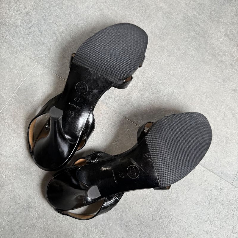 Chanel Logo Sandals Patent Leather Black Gold 37 24cm (9.45in)