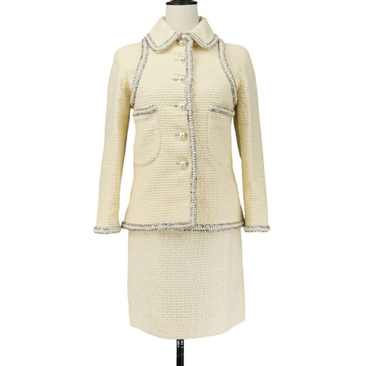 Chanel Faux Pearl Coco Mark Button Tweed Jacket Skirt Set Suit Size 34 Ivory