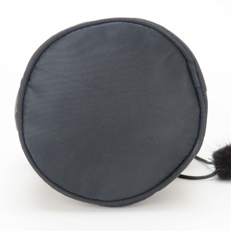 Celine Pouch Drawstring Fur Nylon Black Gold Hardware Logo Circle Small Bag