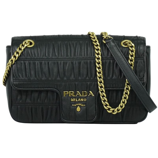 Prada Nappa Gaufre Chain Shoulder Bag Pochette Leather Black