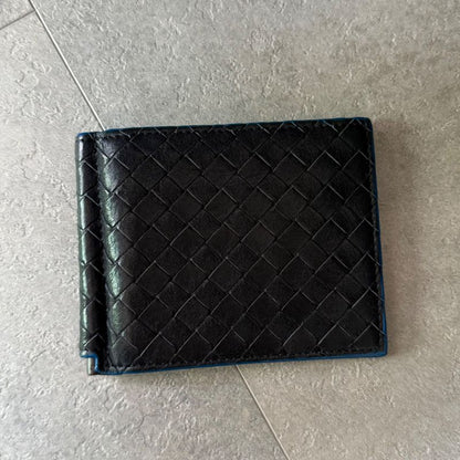 Bottega Veneta Money Clip Leather Bifold Wallet Intrecciato Bicolor Black Blue