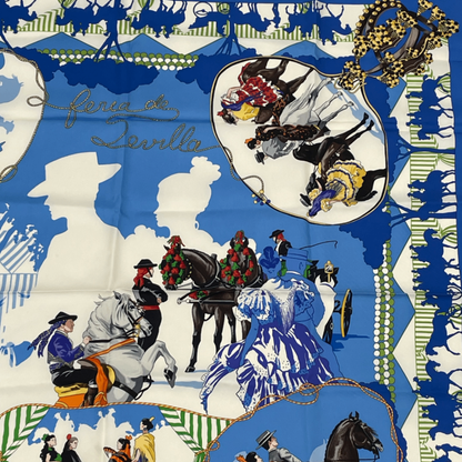 Hermes Scarf Carre 90 Feria De Sevilla Seville Holiday 100% Silk Blue