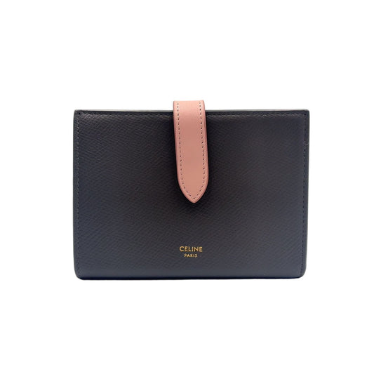 Celine Strap Leather Gray Light Pink Wallet Gold
