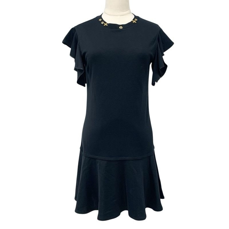 Louis Vuitton Dress Cotton Black Gold Monogram Flower Ruffle