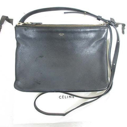 Celine Trio Large Shoulder Bag Leather Crossbody Black Storage with Aa