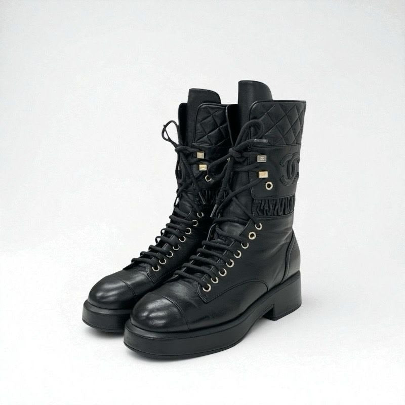 Chanel Boots Short Shoes Leather Black Coco Mark Quilted Lace Up Middle