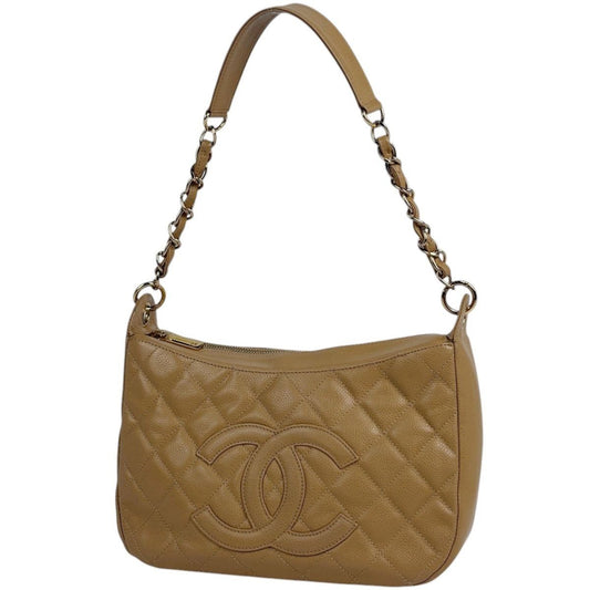 Chanel CC Logo Chain Shoulder Bag Quilted Bag Caviar Leather Beige