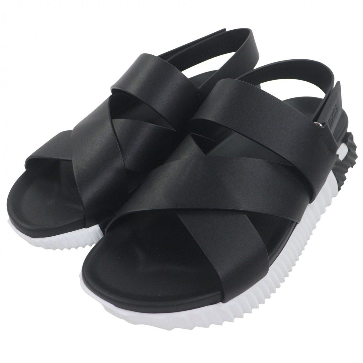 Hermes Electric Leather Log Strap Sandals Black White 44