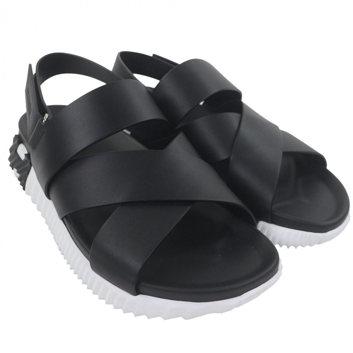Hermes Electric Leather Log Strap Sandals Black White 44 — view 2