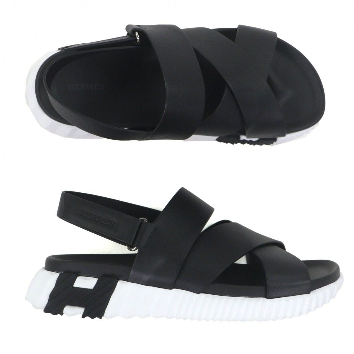 Hermes Electric Leather Log Strap Sandals Black White 44 — view 5