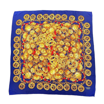 Chanel Scarf Navy Blue and Gold Silk All-Over Print Coco Mark Chain Jewelry