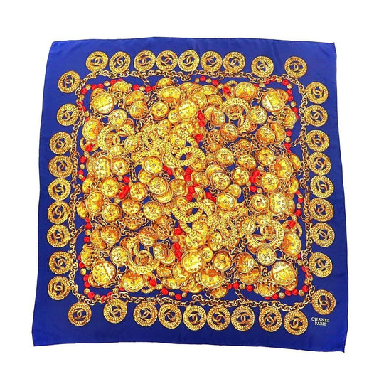 Chanel Scarf Navy Blue and Gold Silk All-Over Print Coco Mark Chain Jewelry