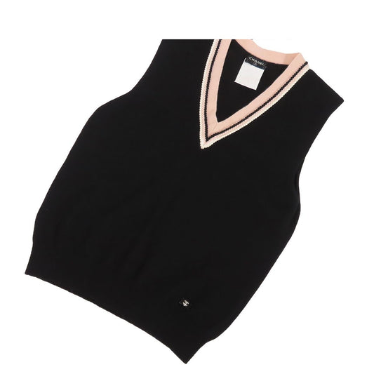 Chanel Knit Vest Black Pink White Cashmere Sweater CC Logo 03A Top 38