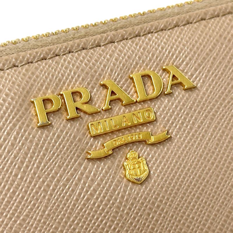 Prada Wallets Women's Branded Long Saffiano Beige 1ml506 Gold Hardware Round