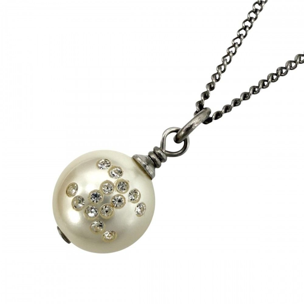 Chanel Necklace CC Logo Chain Faux Pearl Line Stone White Silver