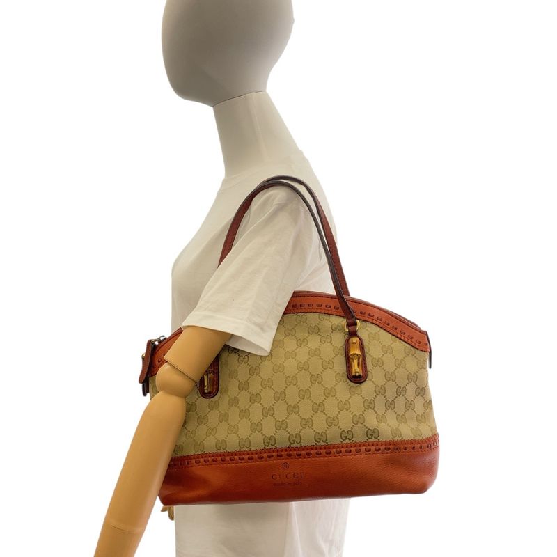 Gucci Bamboo Beige Orange Gold Hardware GG Canvas/leather 339002 Handbag